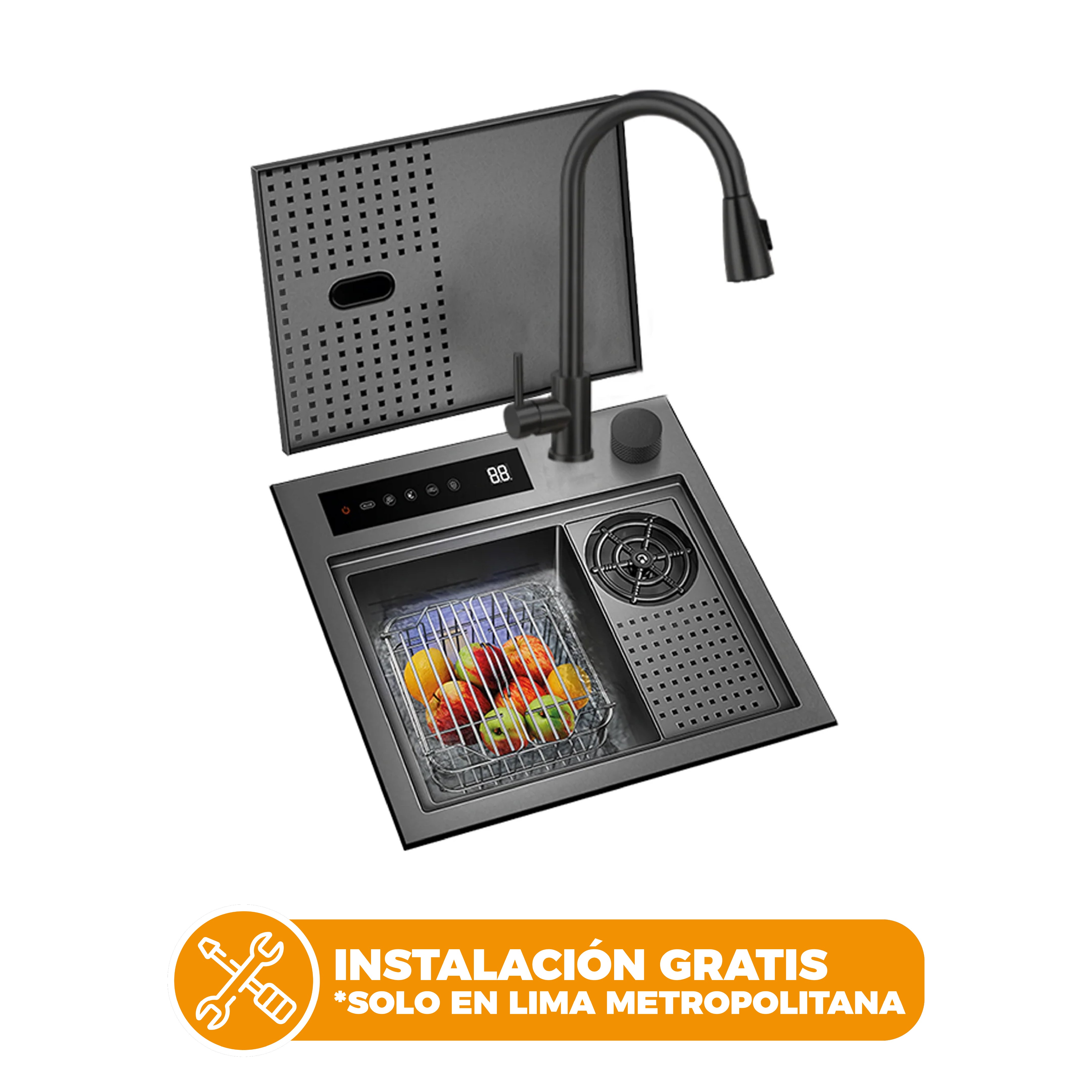 Lavadero Inteligente C/Funcion Hydro Purificacion Nano Black De Acero Inox.304 C/Mezcladora 44x42x22cm - Fratelli Signature